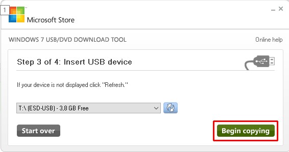 Пункт Insert USB device в USB/DVD Download Tool
