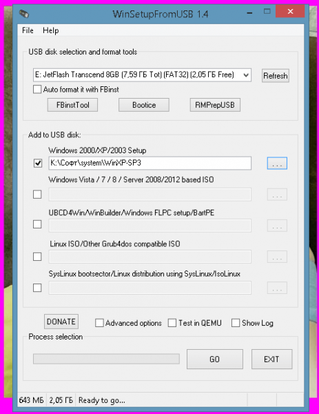 Инициализация записи Windows XP в программе WinSetupFromUSB в Windows 10