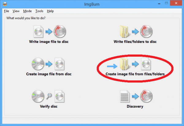 Пункт Create image file from files/folders в ImgBurn