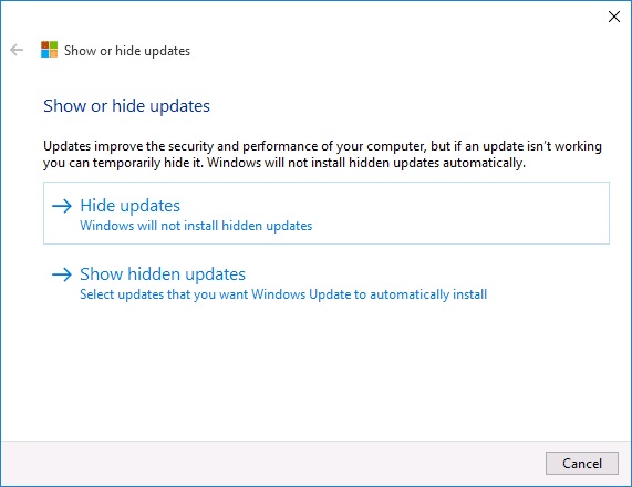 Выбор варианта работы с обновлениями Windows через утилиту Show or Hide Update