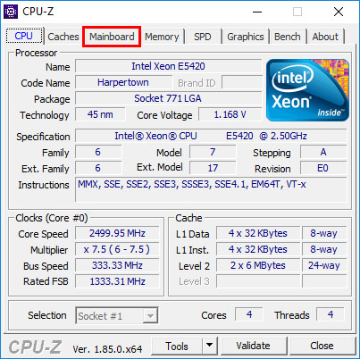Главный экран CPU-Z