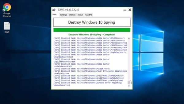 Окно программы Destroy Windows 10 Spying