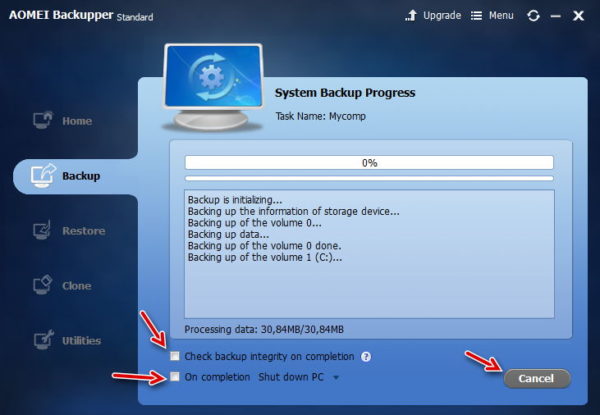 Окно System Backup Progress в Aomei Backupper Standard